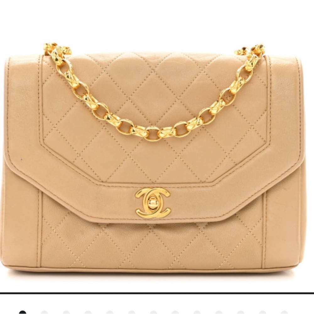 Chanel Diana Small Single Flap Beige Quilted Calf Leather Gold Plated Chain Bag